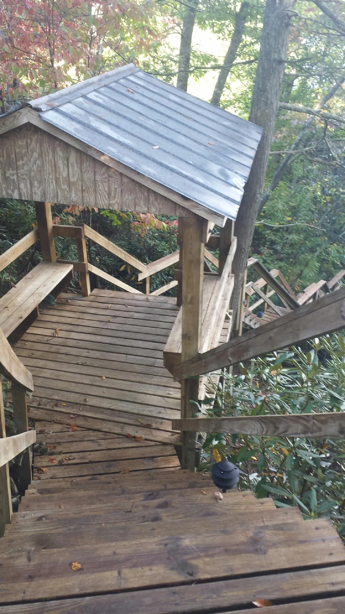 Metal roofed shelter over wooden steps on a wooded walkway — Skylight Repair & Installation work by our crew in Azle